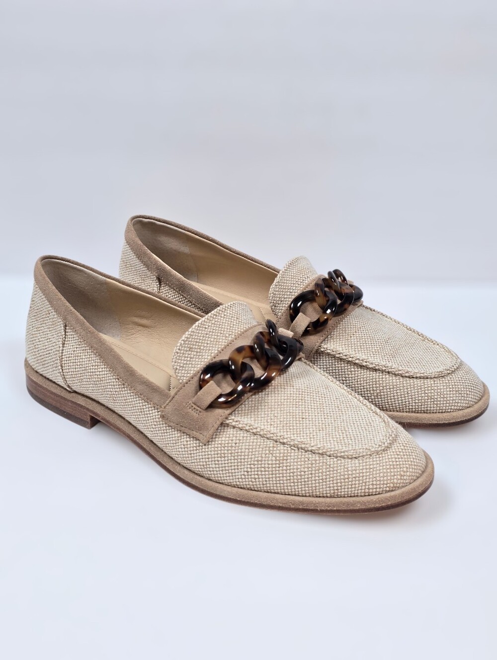NWOT J.McLaughlin Concetta Cotton Suede Tortoise Chain Penny Loafers Flats Sz.9